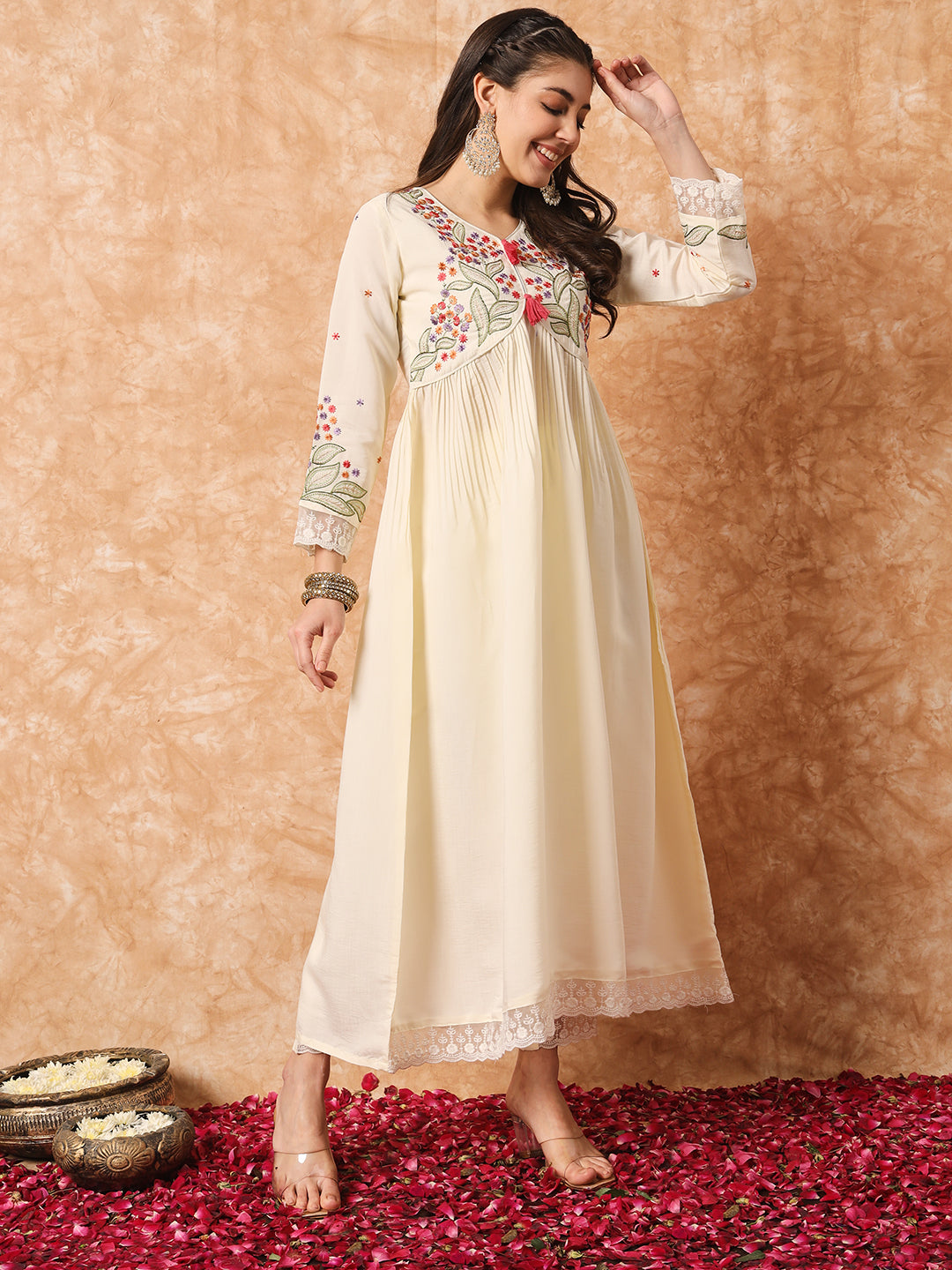 FLORAL YOKE DESIGN EMPIRE THREAD WORK KURTA WITH TROUSERS & DUPATTA