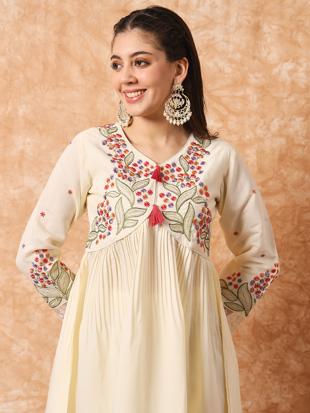 FLORAL YOKE DESIGN EMPIRE THREAD WORK KURTA WITH TROUSERS & DUPATTA