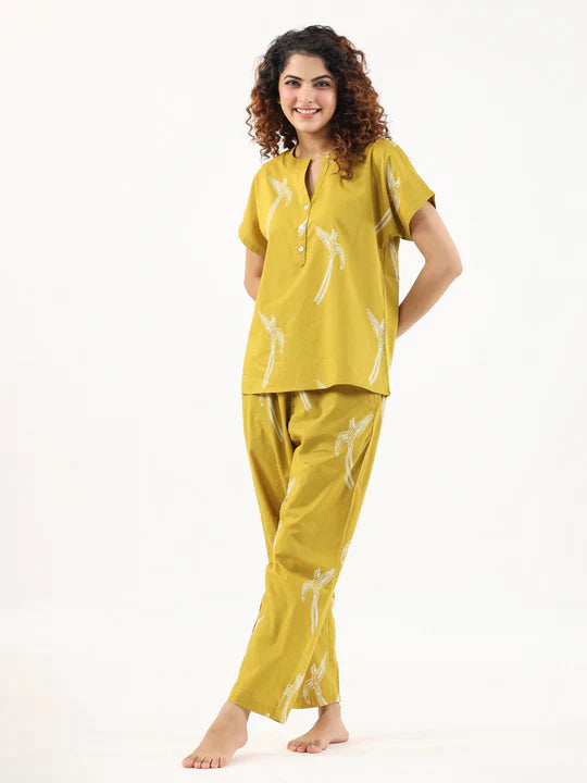 MUSTARD AND WHITE CONVERSATIONAL EAGLE PRINTED CO-ORD SET