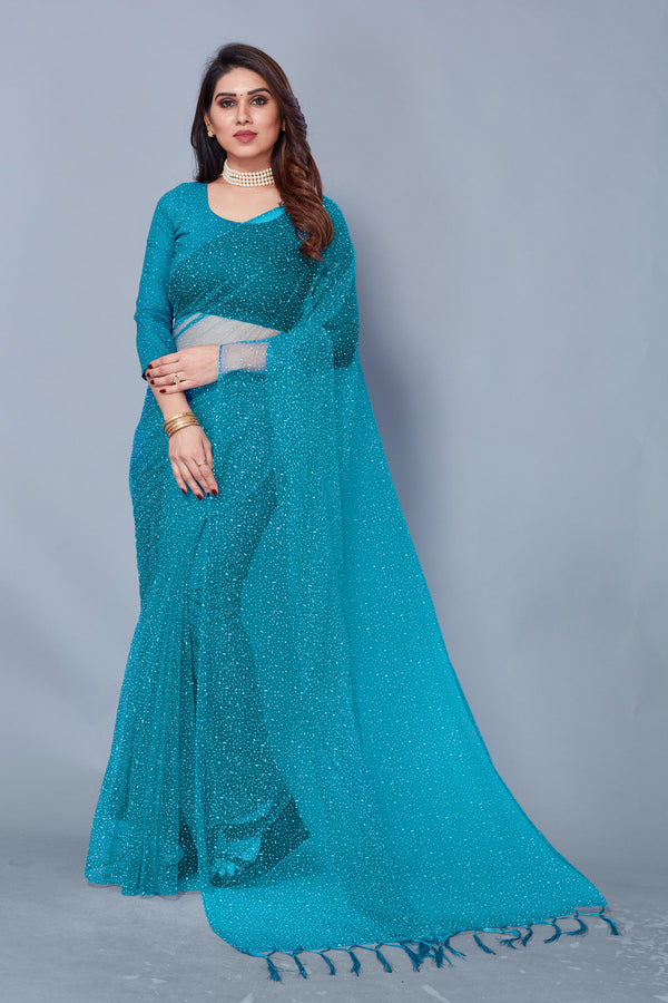 New collection Partywear Festival wear latest Sari in Teal Blue Color