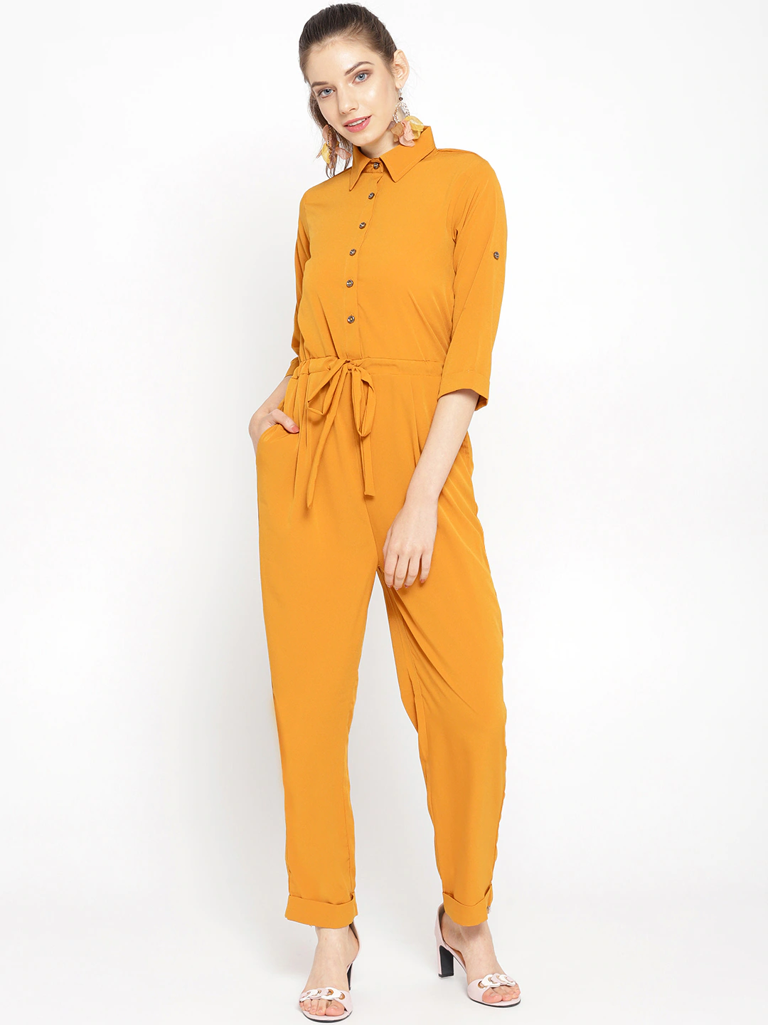 Women Mustard Yellow Solid Basic Jumpsuit