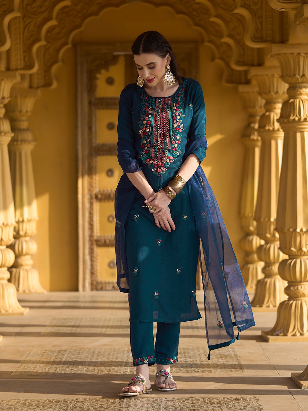 Women Embroidered Straight Kurta with Pants & Dupatta