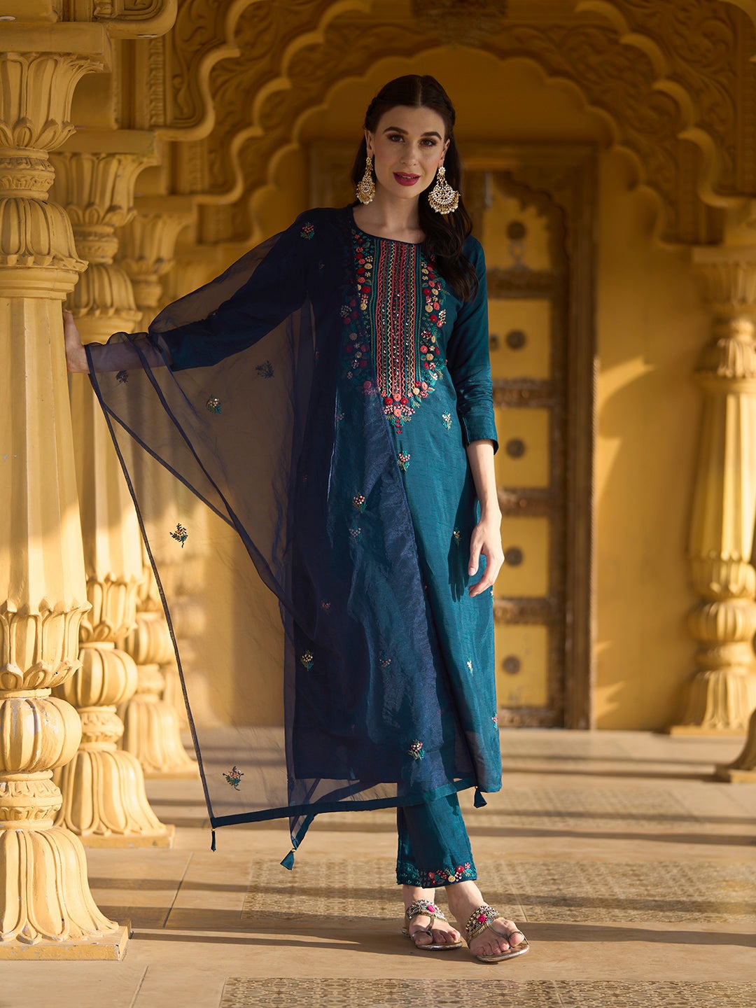 Women Embroidered Straight Kurta with Pants & Dupatta