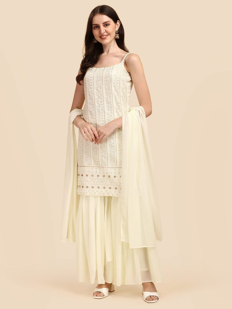 Women Off- White Coloured Embroidered Chikankari Top with Sharara & Dupatta Set