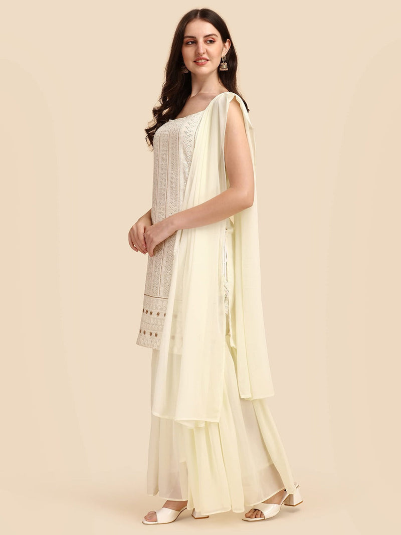 Women Off- White Coloured Embroidered Chikankari Top with Sharara & Dupatta Set