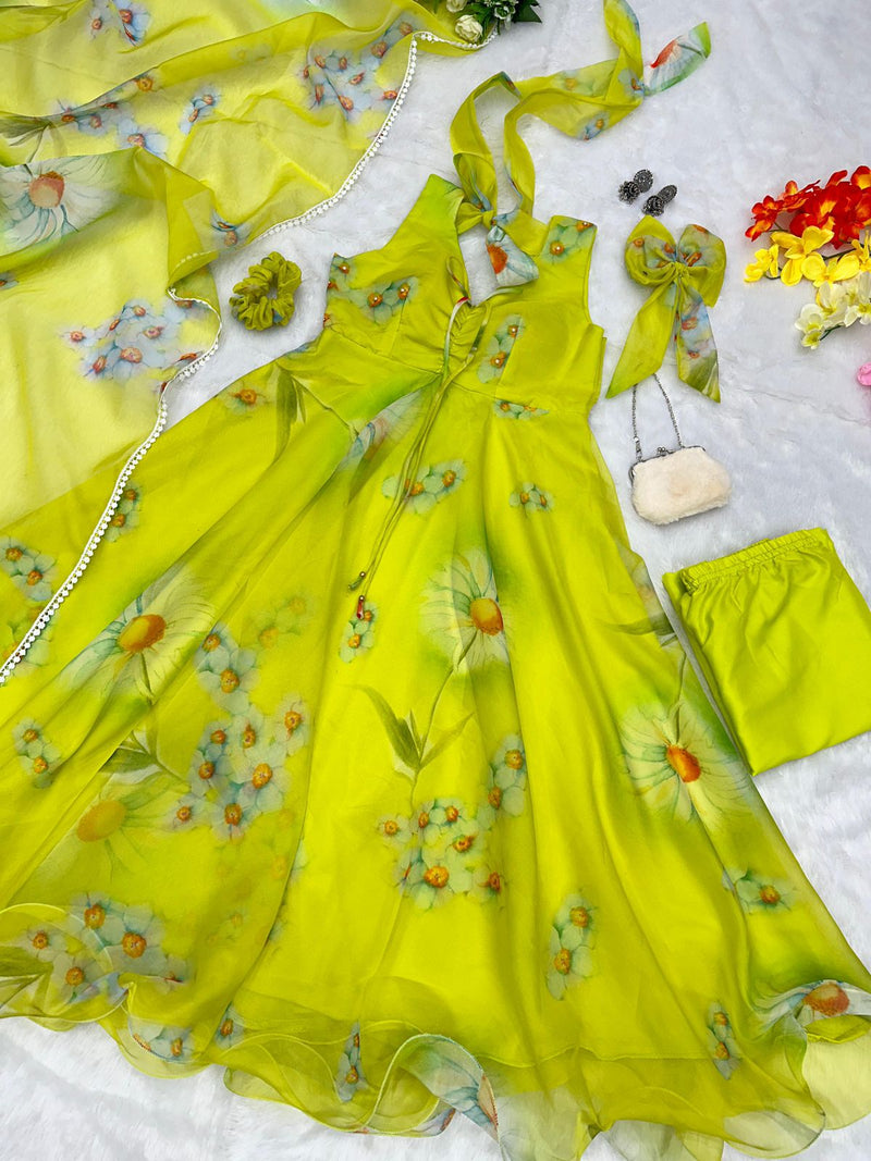 Lemon Green Color Digital Printed Anarkali Suit