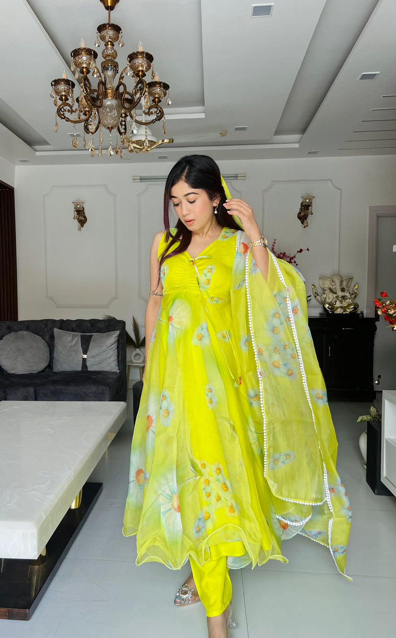 Lemon Green Color Digital Printed Anarkali Suit The Secretcloth