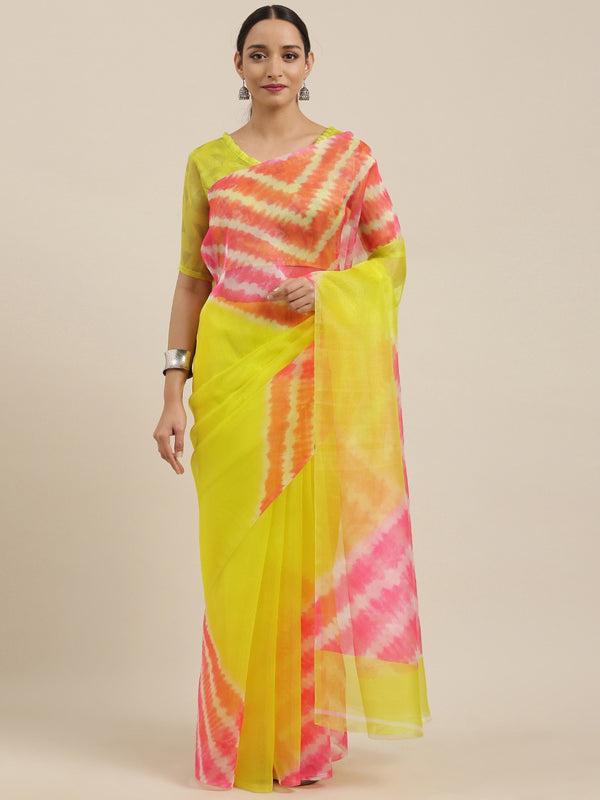 PINK & YELLOW ORGANZA PRINTED SAREE