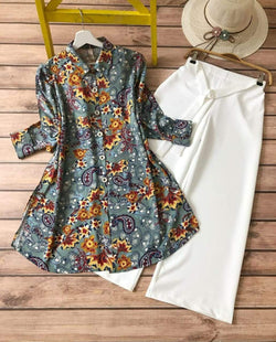 MULTI-COLOR FLORAL PRINTED TOP WITH PLAIN PALAZZO SET