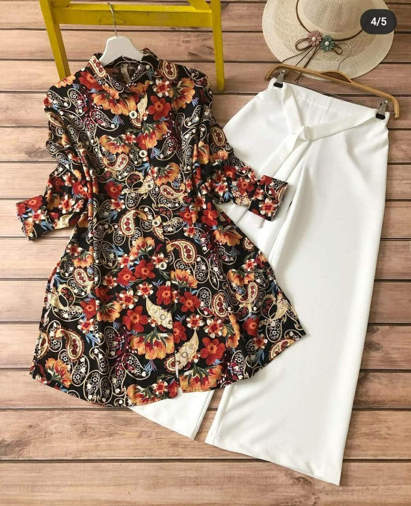 MULTI-COLOR FLORAL PRINTED TOP WITH PLAIN PALAZZO SET