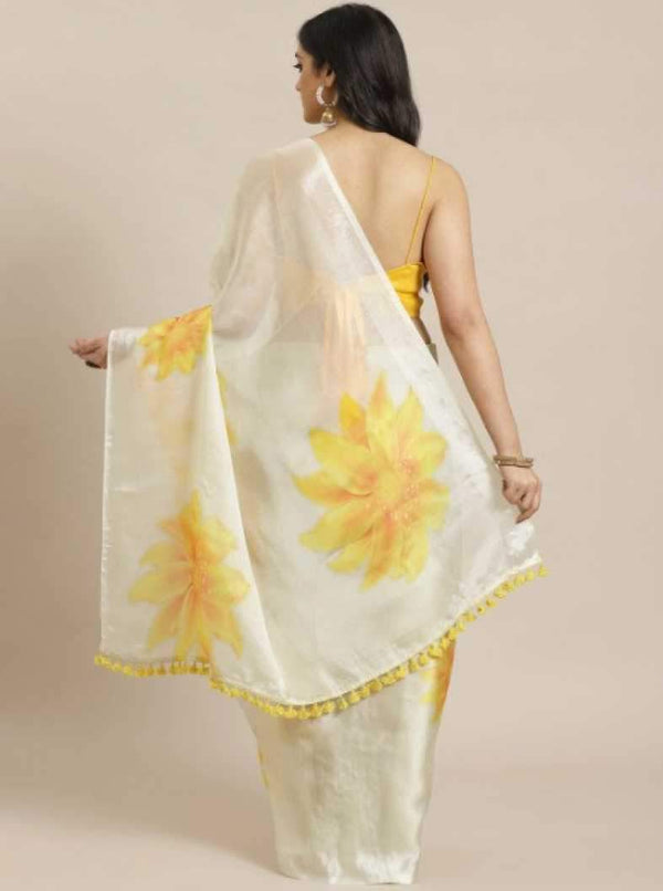 White & Yellow Organza Printed Saree