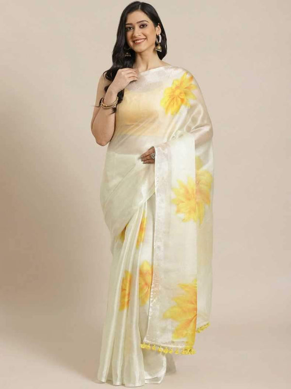 White & Yellow Organza Printed Saree