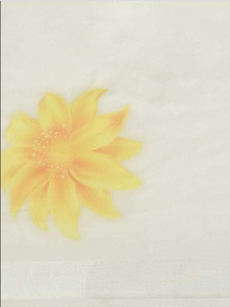 White & Yellow Organza Printed Saree