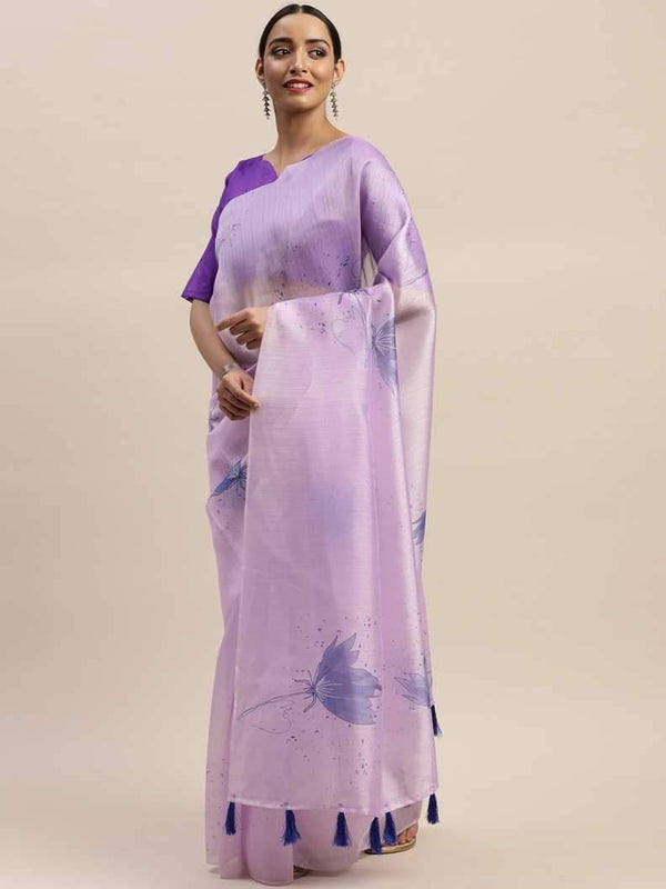 White & Purple Organza Printed Saree