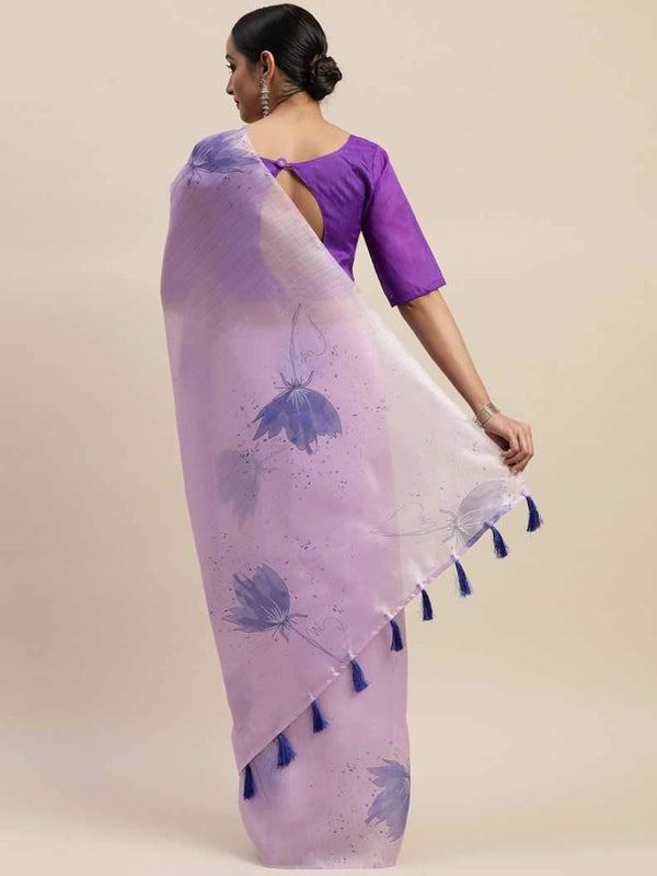 White & Purple Organza Printed Saree