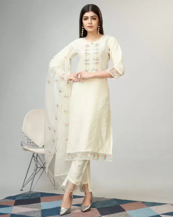 White Threadwork Cotton Readymade Salwar Suit