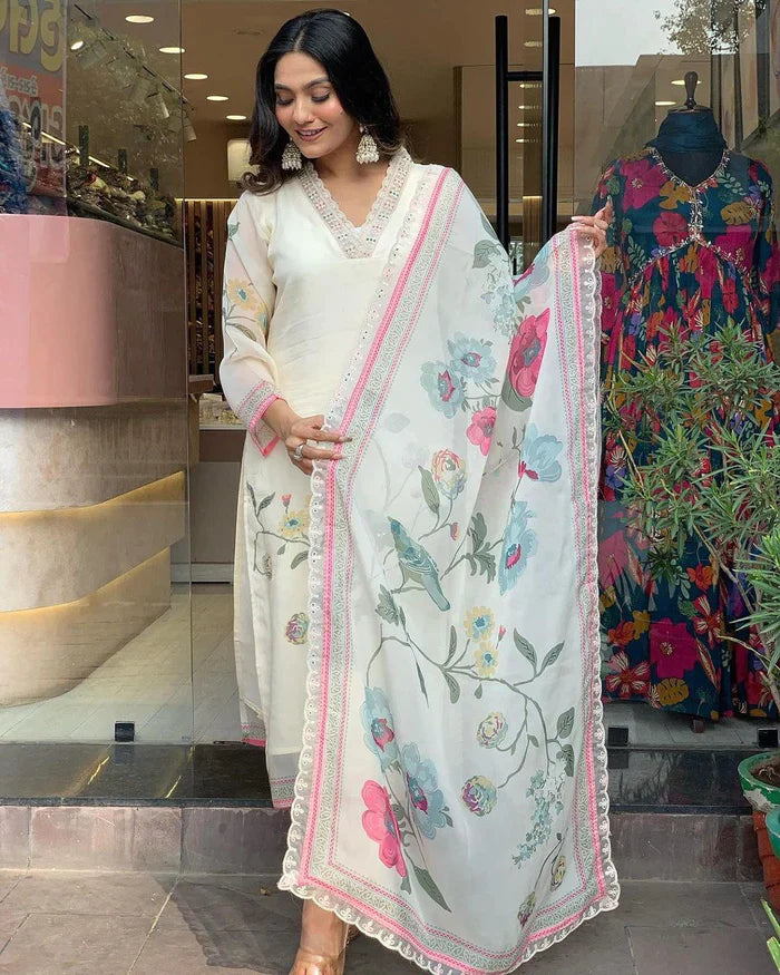 SNOW WHITE FLORAL ORGANZA KURTA PANT DUPATTA SET